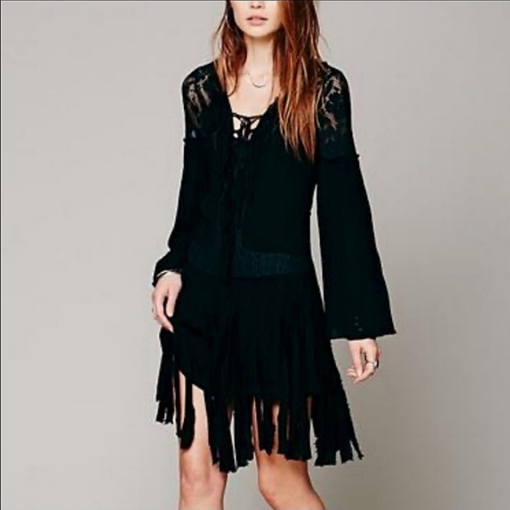 Free People Shipwreck Cove Black Lace Fringe Dress